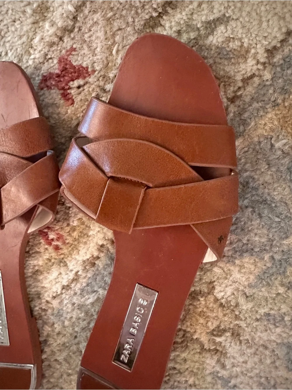 Zara Tan Brown Leather Slide Sandals - Picture 2 of 3